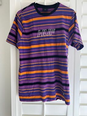 HUF Striped Crewneck Tee in Purple, Orange & Black